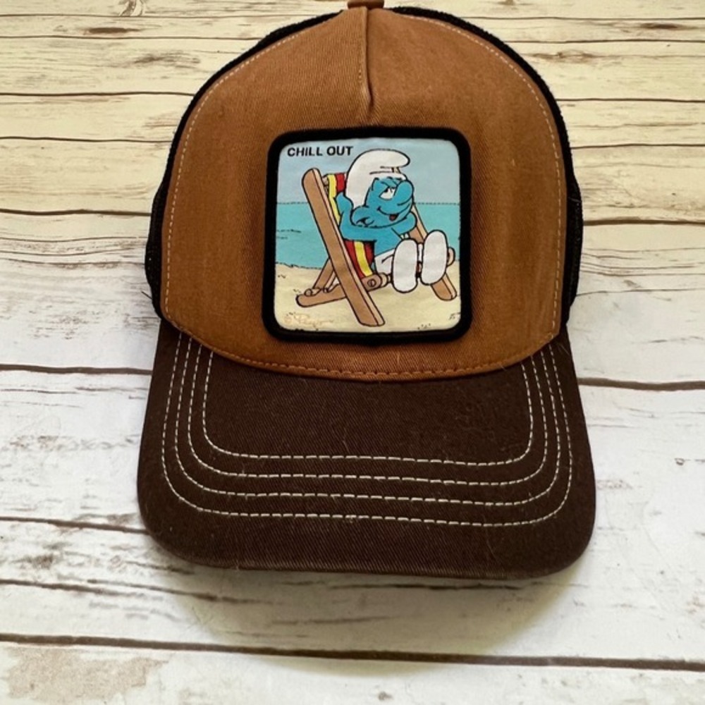 The Smurfs Trucker Hat Brown Chill Out Patch Mesh Snapback OSFA